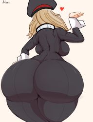 Rule 34 | 1girl, absurdres, adomo, ass, ass focus, backboob, black bodysuit, bodysuit, boku no hero academia, breasts, curvy, hat, heart, highres, huge ass, large breasts, long hair, simple background, solo, thick thighs, thighs, utsushimi kemii, wide hips, wrist cuffs