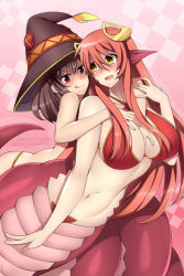Rule 34 | 2girls, bikini, blush, grabbing another&#039;s breast, breasts, brown hair, checkered background, cleavage, commentary, cowboy shot, criss-cross halter, crossover, fang, grabbing, groping, hair between eyes, hair ornament, hairclip, halterneck, hat, hug, hug from behind, kono subarashii sekai ni shukufuku wo!, lamia, large breasts, licking lips, lindaroze, long hair, looking at another, maebari, medium hair, megumin, midriff, miia (monster musume), monster girl, monster musume no iru nichijou, multiple girls, navel, open mouth, patterned background, pink background, pointy ears, red bikini, red eyes, red hair, scales, sidelocks, simple background, slit pupils, smile, straight hair, swimsuit, tail, tongue, tongue out, watermark, web address, witch, witch hat, yellow eyes, yuri