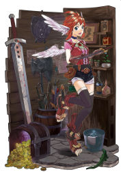 Rule 34 | 1girl, axe, barrel, belt, black thighhighs, blue eyes, botbe, bottle, bucket, choker, coin, faux figurine, floating, full body, gloves, head wings, highres, huge weapon, lizard, open mouth, original, red hair, shield, shoes, short hair, shorts, solo, sword, talons, thighhighs, treasure chest, utility belt, weapon, wings, zettai ryouiki