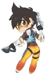 Rule 34 | 1girl, ass, gloves, goggles, gun, highres, holding, holding gun, holding weapon, man0., overwatch, overwatch 1, shiny clothes, short hair, simple background, solo, tracer (overwatch), weapon, white background