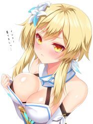 Rule 34 | 1girl, alternate breast size, bare shoulders, blonde hair, blush, breasts, cleavage, closed mouth, detached sleeves, dress, flower, genshin impact, hair ornament, highres, large breasts, lumine (genshin impact), minatsuki alumi, short hair, short hair with long locks, simple background, sleeveless, sleeveless dress, solo, upper body, white background, white dress, white flower, yellow eyes