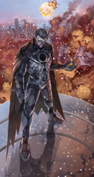 Rule 34 | 1boy, absurdres, armor, building, burning, cape, city, claws, controller, csc, dc comics, explosion, fire, full body, helmet, highres, holding, male focus, mask, merry christmas, owlman, planet, remote control, shadow, sky, skyscraper, smile, smoke, snow, solo