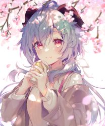 Rule 34 | 1girl, ahoge, alternate costume, blue hair, blush, casual, cherry blossoms, cherry tree, cup, falling petals, ganyu (genshin impact), genshin impact, goat horns, hair between eyes, hair ornament, hairclip, highres, holding, holding cup, horns, jacket, jewelry, long hair, looking at viewer, memeno, nail polish, off shoulder, petals, pink nails, purple eyes, ring, simple background, smile, solo, sweater