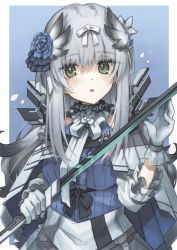 Rule 34 | 1girl, absurdres, arknights, bibeak (arknights), blush, capelet, dress, feather hair, frilled dress, frills, gloves, green eyes, hair ribbon, highres, holding, holding sword, holding weapon, infection monitor (arknights), long hair, parted lips, ribbon, semi colon, silver hair, solo, sword, weapon