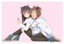Rule 34 | 2girls, :d, ^ ^, animal ears, aqua nails, black pants, blush, border, brown eyes, brown hair, cat ears, closed eyes, closed mouth, commentary request, dot nose, etou kanami, closed eyes, from side, frown, holding, hood, hooded sweater, hug, hug from behind, juujou hiyori, long hair, looking at viewer, motsutoko, multiple girls, nail polish, open mouth, pants, pink background, shoes, short hair, sitting, smile, sweater, toji no miko, wariza, white sweater