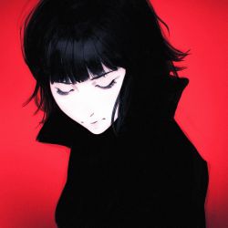 Rule 34 | 1girl, bad id, bad tumblr id, black hair, blunt bangs, closed eyes, closed mouth, colored skin, commentary, english commentary, highres, ilya kuvshinov, original, red background, short hair, solo, white skin