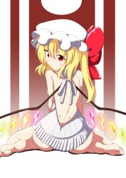 Rule 34 | 1girl, backless dress, backless outfit, bare back, blonde hair, bow, commentary request, crystal, dress, flandre scarlet, frilled hat, frills, halterneck, hat, hat bow, hat ribbon, highres, kagayama hajime, kneeling, looking at viewer, looking back, meme attire, naked sweater, red eyes, red ribbon, ribbon, side ponytail, smile, solo, sweater, sweater dress, touhou, virgin killer sweater, white hat, wings