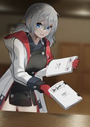 Rule 34 | 1girl, absurdres, azur lane, black dress, blue eyes, blurry, blurry background, coat, cowboy shot, denver (azur lane), dress, from side, gloves, highres, holding, holding paper, indoors, j yak47, long sleeves, looking at viewer, medium hair, paper, red gloves, short hair, short twintails, solo, table, twintails, white coat
