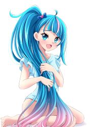 Rule 34 | 1girl, :d, absurdres, ahoge, alternate hairstyle, asymmetrical hair, blue eyes, blue hair, bow, cure sky, eyelashes, gradient hair, hair bow, hair ornament, happy, high ponytail, high side ponytail, highres, hirogaru sky! precure, long hair, looking at viewer, magical girl, multicolored hair, open mouth, pink hair, ponytail, precure, s-operator, side ponytail, simple background, sitting, smile, solo, sora harewataru, streaked hair, very long hair, white background