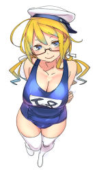 Rule 34 | 10s, 1girl, arms behind back, blonde hair, blue eyes, blue one-piece swimsuit, breasts, cleavage, commentary request, full body, glasses, hat, i-8 (kancolle), kantai collection, large breasts, long hair, looking at viewer, nishieda, one-piece swimsuit, sailor hat, school swimsuit, simple background, smile, solo, swimsuit, thighhighs, white background
