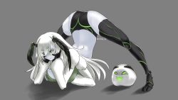 Rule 34 | antennae, arched back, arthropod girl, black sclera, blush, bra, breasts, colored sclera, colored skin, eye contact, fur, green eyes, green hair, hands on floor, hands on own face, highres, indie virtual youtuber, insect girl, jack-o&#039; challenge, juniper actias, legs apart, looking at another, looking at viewer, moth girl, multi arm, multicolored hair, pale skin, panties, rlntlss ju, streaked hair, stuffed toy, top-down bottom-up, two-tone hair, underwear, virtual youtuber, white skin