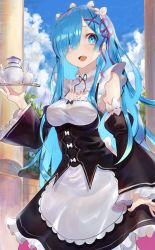 Rule 34 | 1girl, :d, absurdres, alternate hair length, alternate hairstyle, apron, black dress, black ribbon, blue eyes, blue hair, blush, breasts, cleavage, cloud, commentary request, cowboy shot, cup, day, detached sleeves, dress, frilled dress, frilled sleeves, frills, hair ornament, hair over one eye, hair ribbon, highres, holding, long hair, looking at viewer, maid, maid headdress, medium breasts, open mouth, outdoors, r (ryo), re:zero kara hajimeru isekai seikatsu, rem (re:zero), ribbon, ribbon-trimmed sleeves, ribbon trim, roswaal mansion maid uniform, smile, solo, standing, teacup, teapot, tray, waist apron, white apron, wide sleeves, x hair ornament
