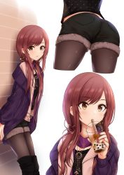 Rule 34 | 1girl, absurdres, black footwear, black pantyhose, black shirt, black shorts, boots, brown eyes, brown hair, bubble tea, can, cardigan, cropped legs, drinking straw, hair ornament, heart, heart hair ornament, highres, holding, holding can, idolmaster, idolmaster shiny colors, pantyhose under shorts, long hair, long sleeves, looking at viewer, low twintails, miyar2d2, multiple views, nail polish, open cardigan, open clothes, open mouth, osaki amana, pantyhose, purple cardigan, red nails, shiny clothes, shiny legwear, shirt, short shorts, shorts, swept bangs, thigh boots, thighhighs, twintails