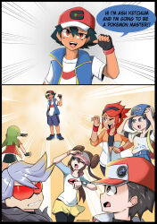 Rule 34 | 2koma, 3boys, 4girls, ace trainer (pokemon), arm up, arms up, ash ketchum, baseball cap, bettie (pokemon), black eyes, black gloves, black hair, black pantyhose, blue eyes, blue shorts, brown hair, comic, commentary request, creatures (company), dark-skinned female, dark skin, double bun, doughnut hair bun, emphasis lines, english text, fingerless gloves, game freak, gloves, green hair, hair between eyes, hair bun, hand up, hat, high collar, highres, layered clothes, lear (pokemon), long hair, looking at another, multiple boys, multiple girls, nintendo, one eye closed, open mouth, pantyhose, pointing, pointing at self, pokemon, pokemon (anime), pokemon bw2, pokemon journeys, pokemon masters ex, pokemon oras, purple hair, raglan sleeves, red-tinted eyewear, red (pokemon), red (sygna suit) (pokemon), red hair, red headwear, rikininii (rickking2002), rosa (pokemon), self-upload, shirt, short hair, short sleeves, shorts, speech bubble, spiked hair, sunglasses, teeth, tina (pokemon), tinted eyewear, twintails, upper teeth only, vest, visor cap, watch, white shirt, wristband, wristwatch, xtransceiver