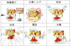 Rule 34 | 1girl, :&lt;, :3, ?, bad id, bad pixiv id, box, chart, chibi, eiri (eirri), english text, engrish text, expressions, female focus, flandre scarlet, hat, highres, in box, in container, o o, ranguage, sign, touhou, translated, uu~, wings