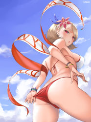 Rule 34 | 1girl, :o, ass, azur lane, bikini, bikini pull, blonde hair, bracelet, breasts, clothes pull, cloud, commentary request, curry soba, day, flower, from below, from side, hair flower, hair ornament, highres, jewelry, large breasts, outdoors, prince of wales (azur lane), pulled by self, red eyes, short hair, sideboob, sky, solo, string bikini, swimsuit, underboob