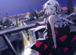 Rule 34 | 1girl, artist name, bare shoulders, black dress, black gloves, blurry, blurry background, building, city lights, cityscape, cyue, dress, flower, gloves, hair flower, hair ornament, highres, honkai (series), honkai impact 3rd, looking at viewer, looking back, night, night sky, open mouth, outdoors, painttool sai (medium), red eyes, red flower, red rose, rose, sky, solo, strapless, strapless dress, theresa apocalypse, theresa apocalypse (luna kindred), twintails, white hair