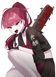Rule 34 | 1girl, alternate costume, black serafuku, black skirt, blood, blood on face, bloody weapon, choker, delinquent, ear piercing, hand on own knee, highres, hololive, hololive english, looking at viewer, mori calliope, piercing, pink hair, pleated skirt, ponytail, red eyes, school uniform, serafuku, skirt, spiked bat, squatting, tongue, tongue out, uneven eyes, virtual youtuber, weapon, yufu