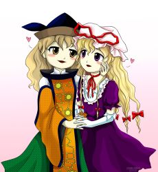 Rule 34 | arm around another, black headwear, blonde hair, blush, bow, chinee-pigeon, constellation, constellation print, fingers interlaced, gloves, green skirt, hair bow, hat, heart, highres, holding hands, long hair, looking at another, matara okina, mob cap, pink background, purple eyes, ribbon, skirt, smile, spoken heart, tabard, touhou, tricorne, white background, wide sleeves, yakumo yukari, yellow eyes, zun (style)
