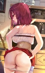 Rule 34 | 1girl, ass, atelier (series), atelier sophie, bare shoulders, blush, breasts, butt crack, clothes lift, commentary request, day, from behind, highres, indoors, leaning forward, lifted by self, looking at viewer, looking back, medium breasts, medium hair, panties, panty pull, presenting, red eyes, red hair, red skirt, ryuuno6, skirt, skirt lift, sleeveless, smile, solo, sophie neuenmuller, thighs, underwear, white panties