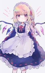 Rule 34 | 1girl, alternate costume, apron, black dress, blonde hair, blush, commentary request, crystal, dress, enmaided, feet out of frame, flandre scarlet, grey background, hair ribbon, hiyuu (hiyualice), long hair, long sleeves, looking at viewer, maid, maid day, maid headdress, neck ribbon, one side up, red eyes, red ribbon, ribbon, simple background, solo, touhou, wings