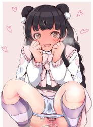 Rule 34 | 1girl, black hair, blunt bangs, blush, brown eyes, censored, hair bun, heart, highres, hime cut, kneehighs, long hair, long sleeves, looking at viewer, monsiurbeat2, open mouth, panties, panty pull, peeing, pussy, simple background, smile, socks, solo, squatting, stain, striped clothes, striped socks, thighhighs, underwear, wet, wet clothes, wet panties