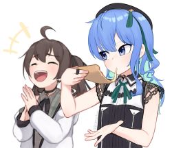 Rule 34 | +++, 2girls, :d, ahoge, black choker, black headwear, blue hair, brown hair, choker, closed eyes, colored inner hair, commentary, eating, english commentary, flat chest, food, green hair, green ribbon, hair ribbon, hands up, hat, hololive, hoshimachi suisei, hoshimachi suisei (streetwear), jewelry, long sleeves, multicolored hair, multiple girls, natsuiro matsuri, natsuiro matsuri (casual), one side up, open mouth, pizza, pizza slice, purple eyes, ribbon, ring, simple background, smile, star (symbol), star in eye, symbol in eye, twitter username, virtual youtuber, white background, yoako