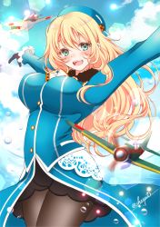 Rule 34 | 1girl, :d, a6m zero, atago (kancolle), beret, black gloves, black pantyhose, blonde hair, blue sky, blush, breasts, commentary, cowboy shot, gloves, hat, kantai collection, large breasts, long hair, looking at viewer, military, military uniform, open mouth, pan-pa-ka-paaan!, pantyhose, sheepd, sky, smile, solo, twitter username, uniform