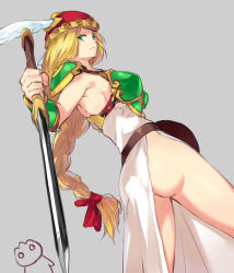 Rule 34 | 1girl, armor, armored dress, ass, blonde hair, braid, braided ponytail, breasts, commentary request, dress, green eyes, grey background, head wings, helmet, highres, holding, holding sword, holding weapon, large breasts, long hair, looking at viewer, negresco, no panties, red ribbon, ribbon, simple background, single braid, solo, sword, valkyrie, valkyrie (vnd), valkyrie no densetsu, weapon, white dress, wings