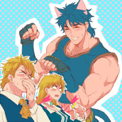 Rule 34 | 1girl, 2boys, animal ears, arrow through heart, blank eyes, blonde hair, blue dress, blue hair, cat ears, cat tail, choker, clenched hand, closed eyes, covering own mouth, dio brando, dress, erina pendleton, fingerless gloves, gloves, h28, hand over own mouth, jojo no kimyou na bouken, jonathan joestar, multiple boys, no pupils, open mouth, paw pose, polka dot, polka dot background, smile, sweat, sweater vest, tail