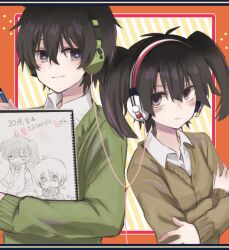 Rule 34 | 1boy, 1girl, anniversary, arrow (symbol), black eyes, black hair, blunt ends, border, brown cardigan, cardigan, closed mouth, collared shirt, dated, drawing, enomoto takane, framed, gas mask, hair between eyes, hands on own arms, headphones, highres, holding, holding pencil, holding sketchbook, kagerou project, kokonose haruka, konoha (kagerou project), letterboxed, light frown, light smile, long bangs, looking at another, looking at viewer, looking away, mask, mekakucity actors, mole, mole under eye, orange border, outside border, pencil, shirt, short hair, sketchbook, smile, song name, strawberrya mg, striped, striped background, sun symbol, twintails, two-tone background, upper body, vocaloid, white background, white shirt, yellow background, yuukei yesterday (vocaloid)