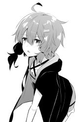 Rule 34 | 1girl, absurdres, ahoge, collarbone, criss-cross halter, dress, flat chest, greyscale, hair ornament, hairclip, halterneck, highres, jacket, kashisuover, leaning forward, light blush, looking at viewer, monochrome, open mouth, short hair, sidelocks, simple background, solo, upper body, vocaloid, voiceroid, white background, yuzuki yukari