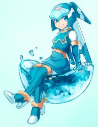 Rule 34 | 1girl, android, arm support, blue background, blue eyes, blush, fairy leviathan (mega man), full body, gradient background, helmet, high heels, knees together feet apart, looking at viewer, mega man (series), mega man zero (series), simple background, sitting, skirt, skycompass, smile, solo, water