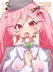 Rule 34 | 1girl, :o, absurdres, arm at side, blush, border, bowler hat, cherry hair ornament, collared shirt, dango, dated, food, food-themed hair ornament, grey hat, grey jacket, hair between eyes, hair ornament, hand up, hat, hatsune miku, highres, holding, holding food, jacket, long hair, long sleeves, miku day, odd (miyoru), open clothes, open jacket, open mouth, pink eyes, pink hair, plaid, plaid jacket, portrait, sakura miku, sakura miku (rella), shirt, sidelocks, solo, teeth, twintails, upper teeth only, vocaloid, wagashi, white border, white shirt