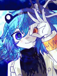 Rule 34 | 1girl, a.i. voice, adachi rei, alternate color, black shirt, blue eyes, blue hair, closed mouth, commentary, hair between eyes, hair ribbon, headlamp, heterochromia, jacket, long sleeves, looking at viewer, medium hair, minimima (atllygqwp237048), ok sign, ok sign over eye, open clothes, open jacket, orange eyes, player 2, ribbon, shirt, smile, solo, upper body, utau, white jacket, white ribbon