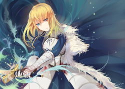 Rule 34 | 1girl, alternate hairstyle, armor, armored dress, artoria pendragon (fate), blonde hair, blood, blue eyes, breastplate, cape, excalibur (fate/stay night), fate/zero, fate (series), faulds, fur trim, hair down, holding, juliet sleeves, light particles, long hair, long sleeves, looking at viewer, puffy sleeves, rain lan, saber (fate), solo, sword, weapon