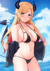 Rule 34 | 1girl, :o, aqua eyes, bikini, black bikini, black horns, black tail, black wings, blonde hair, blue sky, blush, breast tattoo, breasts, cloud, colored tips, cowboy shot, demon girl, demon horns, demon tail, demon wings, gradient hair, highres, hololive, horns, large breasts, long hair, looking at viewer, mikoto paint, multicolored hair, navel, ocean, off shoulder, parted lips, pointy ears, red eyes, sky, solo, stomach, swimsuit, tail, tattoo, virtual youtuber, water, wet, wide sleeves, wings, yuzuki choco