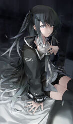 Rule 34 | 1girl, arm support, black hair, black jacket, black shorts, black thighhighs, blurry, coefont, commentary, crow (crow crowd24), depth of field, feet out of frame, gradient hair, grey eyes, hair ornament, hair spread out, halterneck, hand on own chest, hand up, highres, jacket, long hair, long sleeves, looking at viewer, millial (coefont), multicolored hair, on bed, one side up, parted lips, shirt, short shorts, shorts, sideways glance, sitting, solo, swept bangs, thighhighs, white hair, white shirt, wooden floor, zettai ryouiki