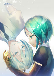 Rule 34 | 2others, amputee, androgynous, antarcticite, asagi yuna, bad id, bad pixiv id, black shirt, blue eyes, green eyes, green hair, highres, houseki no kuni, multiple others, other focus, parted lips, phosphophyllite, profile, sad, shirt, short sleeves, sidelocks, silver hair, spoilers, tears, white shirt