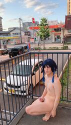 Rule 34 | 1boy, bare shoulders, barefoot, cosplay, exhibitionism, genshin impact, highres, looking at viewer, male focus, masturbation, nipples, nude, outdoors, penis, photo (medium), public indecency, real life, solo, venti (genshin impact)
