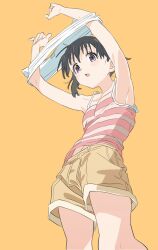 Rule 34 | 1girl, armpits, black hair, brown eyes, flask00, highres, kuraue hinata, short twintails, shorts, simple background, solo, spaghetti strap, tank top, twintails, undressing, yama no susume