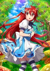 Rule 34 | 1girl, blue sky, cloud, dress, hair ribbon, looking at viewer, mushroom, open mouth, plant, red eyes, red hair, ribbon, shakugan no shana, shana, sky, striped clothes, striped thighhighs, thighhighs, tree