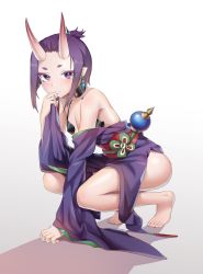 Rule 34 | 1girl, alternate hairstyle, bare legs, bare shoulders, barefoot, blush, breasts, closed mouth, collarbone, commentary request, earrings, fate/grand order, fate (series), forehead, gradient background, grey background, highres, horns, japanese clothes, jewelry, kimono, leaning forward, long sleeves, looking at viewer, obi, off shoulder, oni, purple eyes, purple hair, purple kimono, sash, shadow, short eyebrows, shuten douji (fate), sidelocks, skin-covered horns, sleeves past wrists, small breasts, solo, squatting, thick eyebrows, white background, wide sleeves, xo (xo17800108)