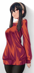 Rule 34 | 1girl, arms behind back, black hair, black pantyhose, breasts, collarbone, cowboy shot, dress, hair between eyes, hairband, highres, large breasts, light blush, long sleeves, off-shoulder dress, off-shoulder sweater, off shoulder, pantyhose, red eyes, red sweater, sidelocks, simple background, sleeves past wrists, smile, solo, spy x family, standing, sweater, sweater dress, takanashi-a, white background, white hairband, yor briar