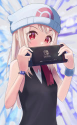 Rule 34 | 1girl, beanie, black shirt, blush, breasts, cosplay, creatures (company), dawn (pokemon), dawn (pokemon) (cosplay), disguised zorua, fate/kaleid liner prisma illya, fate (series), game freak, hair between eyes, handheld game console, hat, holding, holding handheld game console, illyasviel von einzbern, long hair, looking at viewer, nintendo, nintendo switch, pan korokorosuke, pokemon, pokemon dppt, red eyes, shirt, sidelocks, sleeveless, sleeveless shirt, small breasts, white hair, white hat