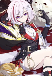 Rule 34 | 1girl, absurdres, animal, belt, black belt, black gloves, black unitard, blue eyes, breasts, buckle, cat, cleavage, cleavage cutout, closed mouth, clothing cutout, coin, elbow gloves, gloves, hair ornament, hairclip, highres, holding, holding coin, honkai: star rail, honkai (series), medium breasts, multicolored hair, mutsu aya, numby (honkai: star rail), red hair, short hair, solo, split-color hair, streaked hair, thigh strap, topaz (honkai: star rail), trotter (honkai: star rail), two-tone hair, unitard, white hair
