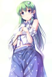 Rule 34 | 1girl, :o, bare shoulders, blue eyes, blue skirt, blush, collar, detached sleeves, frog hair ornament, gohei, green hair, hair between eyes, hair ornament, hair tubes, highres, kochiya sanae, long hair, looking at viewer, navel, nicoby, parted lips, simple background, skirt, sleeveless, snake hair ornament, solo, standing, stomach, touhou, very long hair, vest, white background, white vest