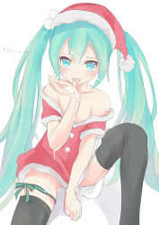 Rule 34 | 1girl, blush, cum, cum in mouth, cum on hair, green eyes, green hair, gumo, hat, hatsune miku, long hair, matching hair/eyes, off shoulder, santa costume, santa hat, sitting, solo, thighhighs, tongue, translated, twintails, very long hair, vocaloid, white background