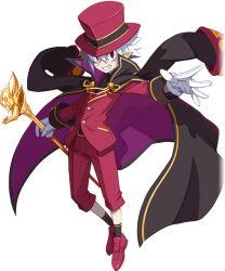 Rule 34 | 1boy, cane, cape, demon boy, disgaea, disgaea rpg, formal, full body, glasses, gloves, hair between eyes, hat, holding, holding cane, long sleeves, male focus, mao (disgaea), official art, pants, pointy ears, red hat, red pants, red suit, smile, socks, solo, suit, teeth, top hat, transparent background, white gloves, white hair