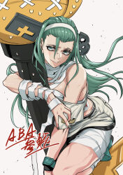 Rule 34 | 1girl, a.b.a, bags under eyes, bandages, bare shoulders, blood, bloody bandages, fingerless gloves, gloves, green eyes, green hair, guilty gear, guilty gear strive, highres, key, key in head, kusu (moo1225), long hair, looking at viewer, object through head, paracelsus (guilty gear), short sleeves, single glove, stitched mouth, stitches